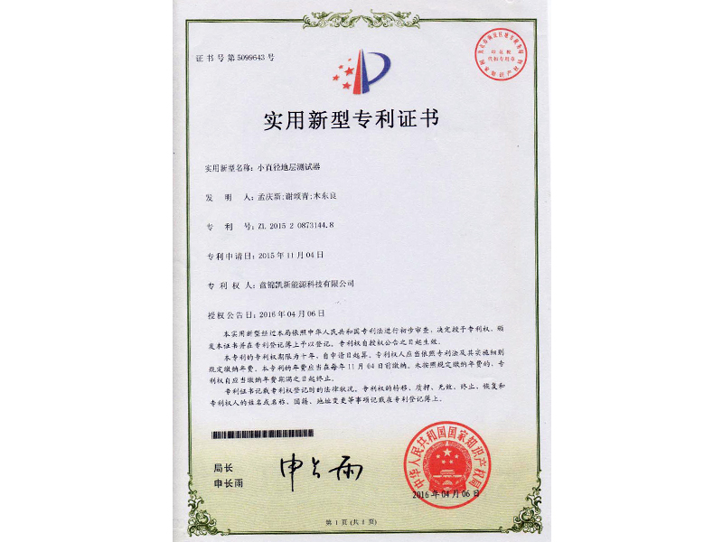 Patent certificate for small diameter formation tester